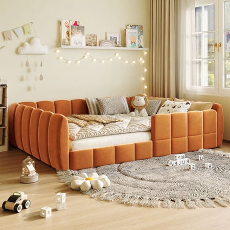 Full Size Velvet Upholstered Floor Bed, Low Profile Floor Bed Frame with 14.8" Guardrail, Soft Foam Padded Platform Bed, Modern Bedroom Bed Frame, Pumpkin Orange