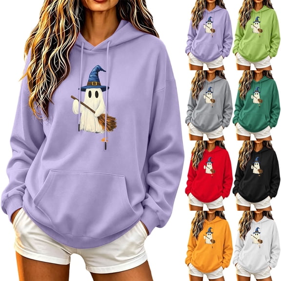 NSLGXD Cute Ghost Graphic Hoodies for Women Fall Halloween Oversized Pocket Hooded Sweatshirt Fashion Loose Long Sleeve Casual Baggy Pullover Tops S-XL