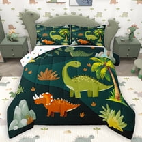 Homewish Green Dinosaur Animal Queen Comforter Set, Funny Jungle Wildlife Bedding Sets, Kawaii Cartoon Theme Reversible Bedding Comforter Set, Luxury Bedroom Decor, 3pcs