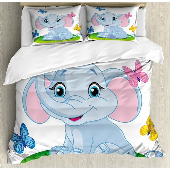 Nursery Queen Size Duvet Cover Set, Cute Baby Elephant Sitting on the Meadow in Spring Time with Butterflies, Decorative 3 Piece Bedding Set with 2 Pillow Shams, Baby Blue Pink Green, by Ambesonne