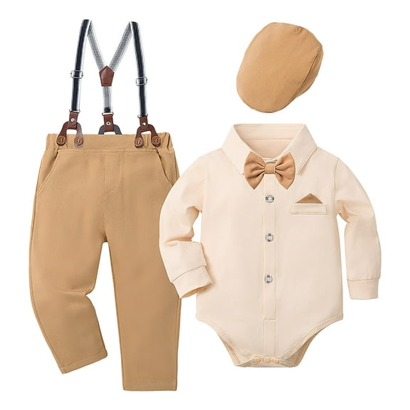 Ketyyh-chn99 Toddler Christening Outfit Boy Newborn Baby Boy Dress Clothes Long Sleeve Romper Shirt Bowtie Suspender Pants Set Suit Fall Outfits Size for 0-3 Months,Khaki