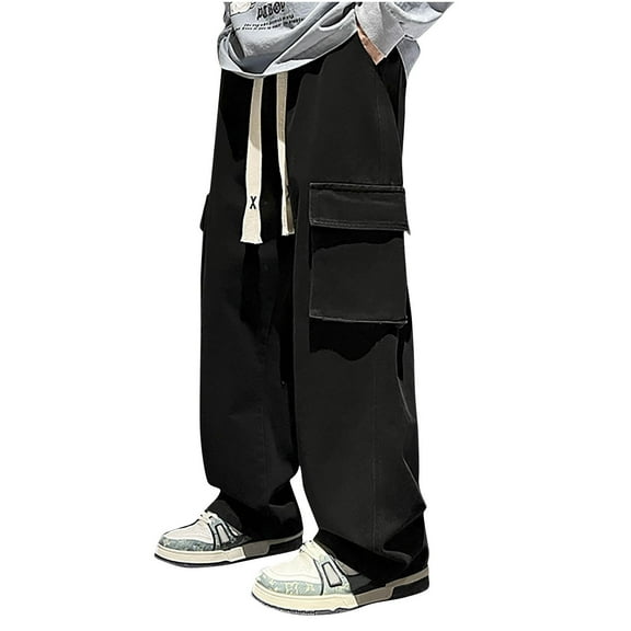 Dagegui Men's Straight Leg Jeans Casual Drawstring Elastic Waist Denim Pants Baggy Y2k Hip Hop Streetwear Trousers Harajuku Cargo Pant with Multi Pockets Black 2XL