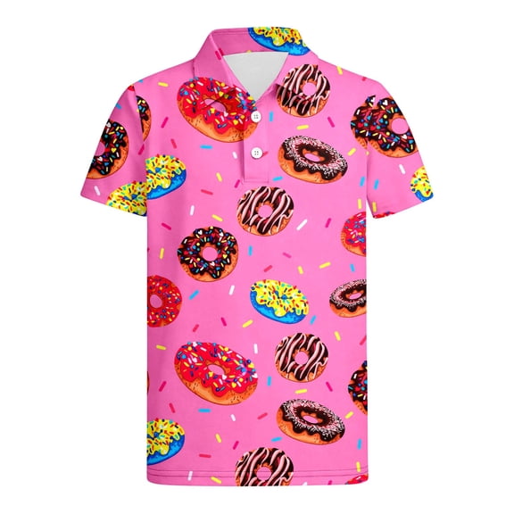 Hienoo Boys Donut Print Short Sleeve Polo Shirt Summer Casual Collared Shirt, Sizes 3-14
