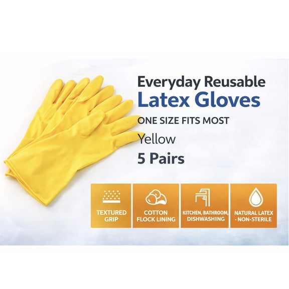Everyday Latex Gloves 5 Pairs - Cleaning Gloves, Reusable Natural Rubber Dish Gloves, Non-Slip Gloves for Kitchen and Household