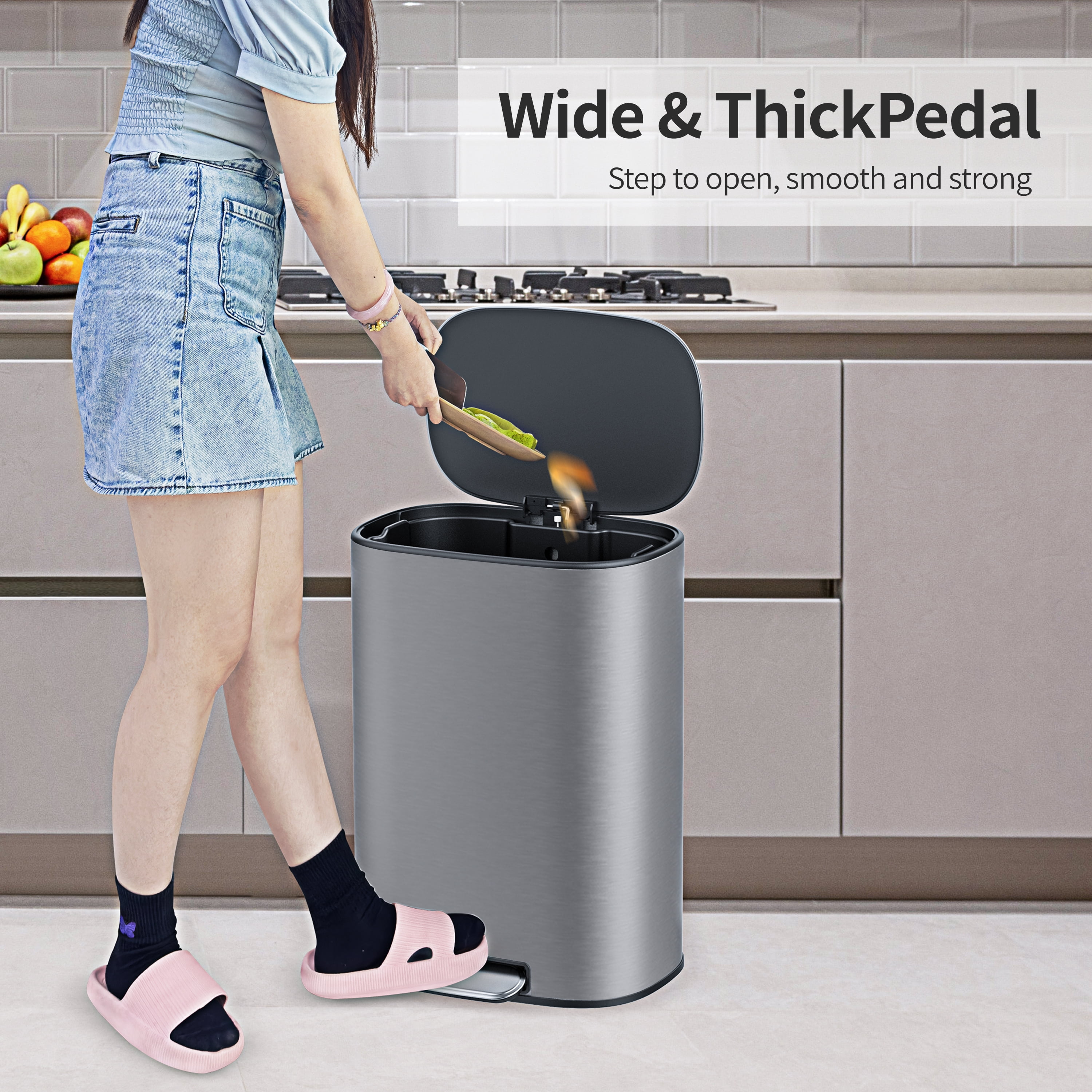 BinMax 13 Gallon Step on Waste Bin Rectangular Stainless Steel Kitchen Trash Can with Lid