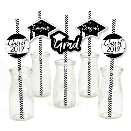 Black and White Grad - Best is Yet to Come - Paper Straw Decor - 2019 Graduation Striped Decorative Straws -Set of