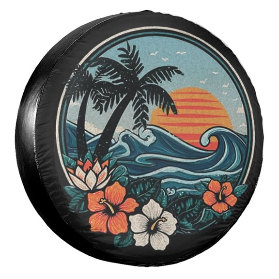 KAKALAD Retro Sunset Beach Vibes Spare Tire Cover Universal Vehicle Accessories Buckle Car Tools 14”in