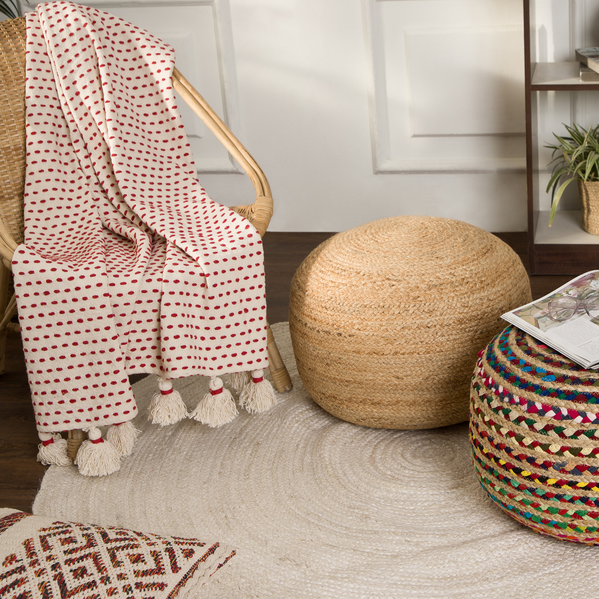 Redearth Jute Circular Pouf Ottoman, Natural photo 5