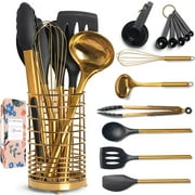 Styled Settings Black & Gold Silicone Kitchen Utensils Set with Holder