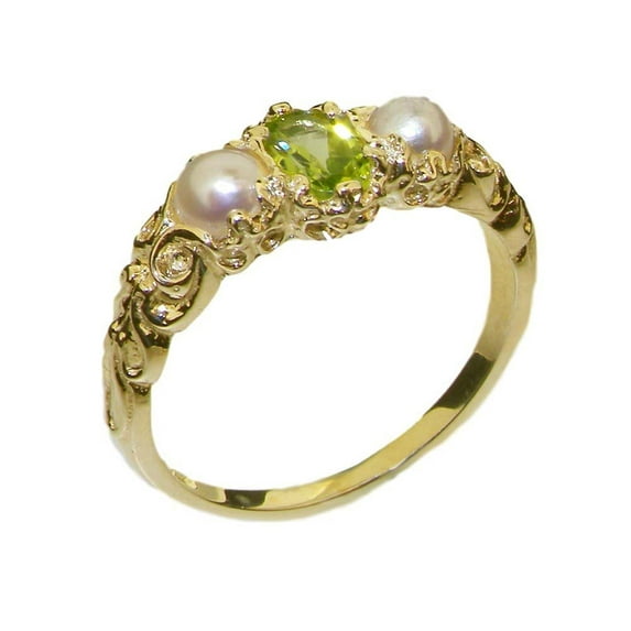LBG British Made 10k Yellow Gold Natural Peridot & Cultured Pearl Womens Trilogy Ring - 33 size options - Sizes 4 to 12 Available