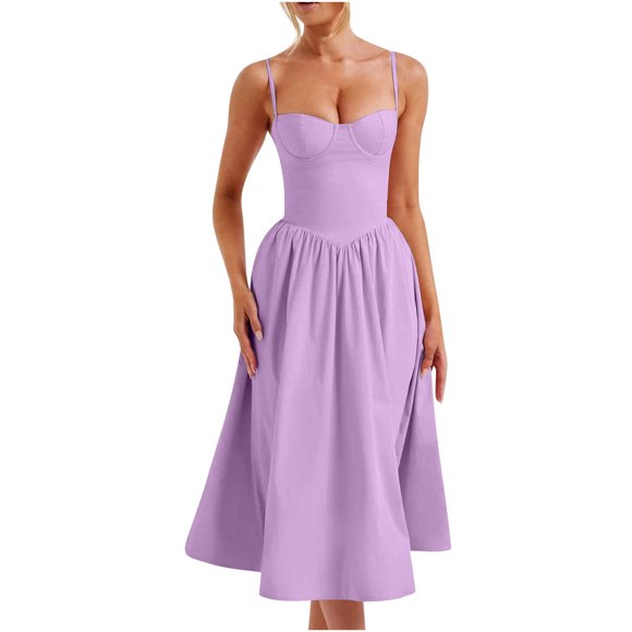 Heisall Corset Dress for Women Formal Spaghetti Strap Bustier Midi Dresses Flowy Pleated Hem Corset Sundress with Pockets