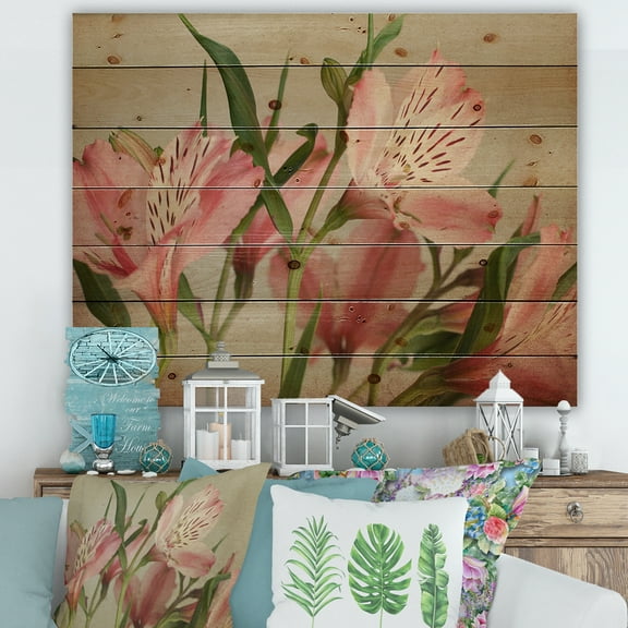 Designart 'Alstroemeria Flower Retro ' Traditional Print on Natural Pine Wood