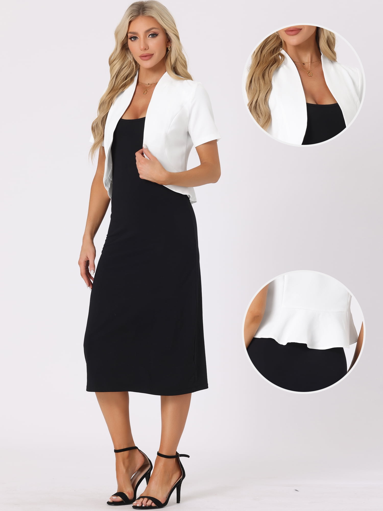 DARING DIVA Women's Business Blazer 3/4 Sleeve Collarless Cardigan XL White