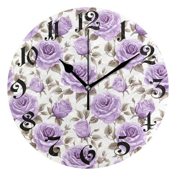 Wall Clock 10 Inch Silent Non-Ticking 8 Purple Rose Flowers Battery Operated Rustic Retro for Living Room Home Kitchen Bathroom