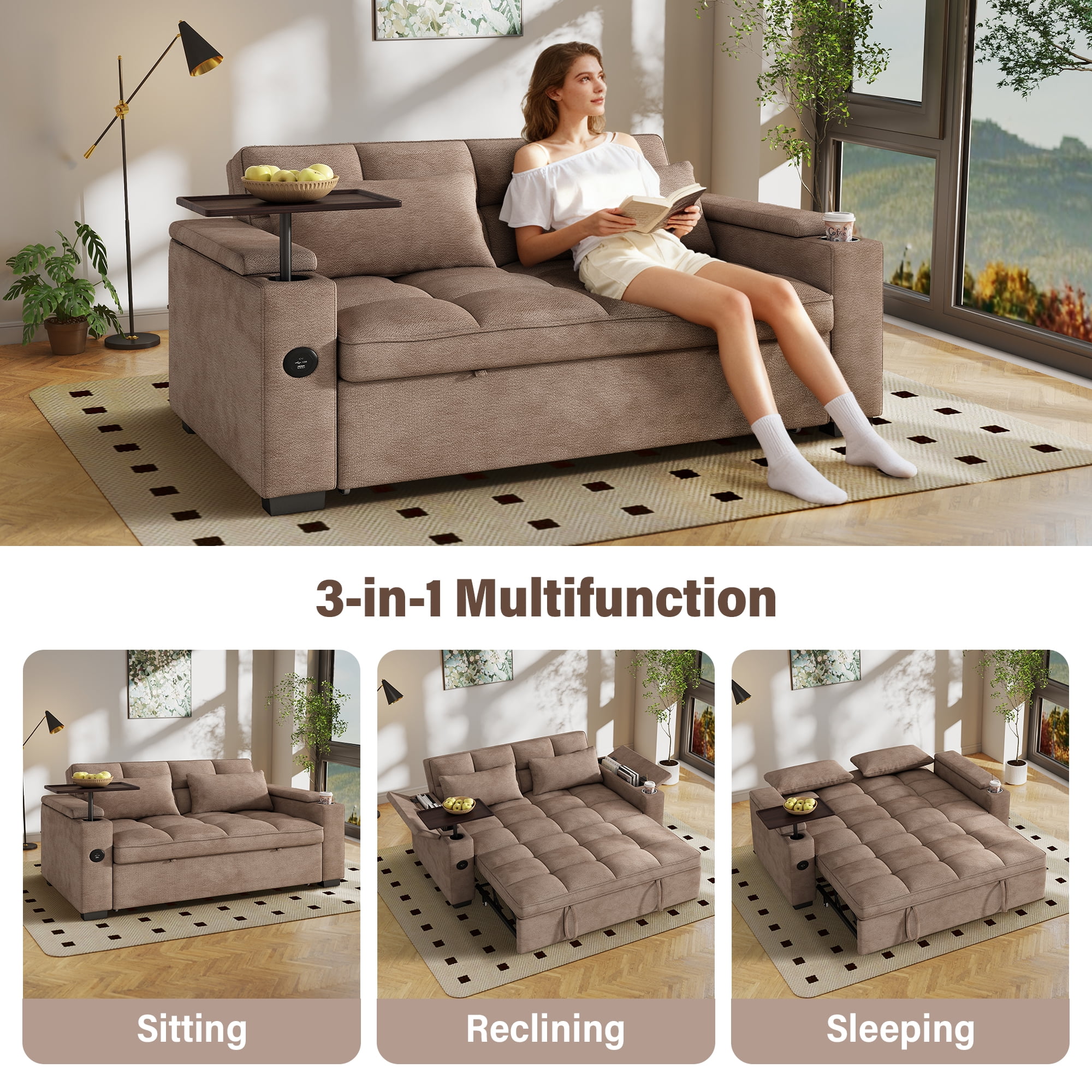 Aukfa 65"W Convertible 3-in-1 Sofa Bed with Storage, Queen Chenille Sleeper Couch with USB/Type-C Ports & Rotating Side Table,khaki