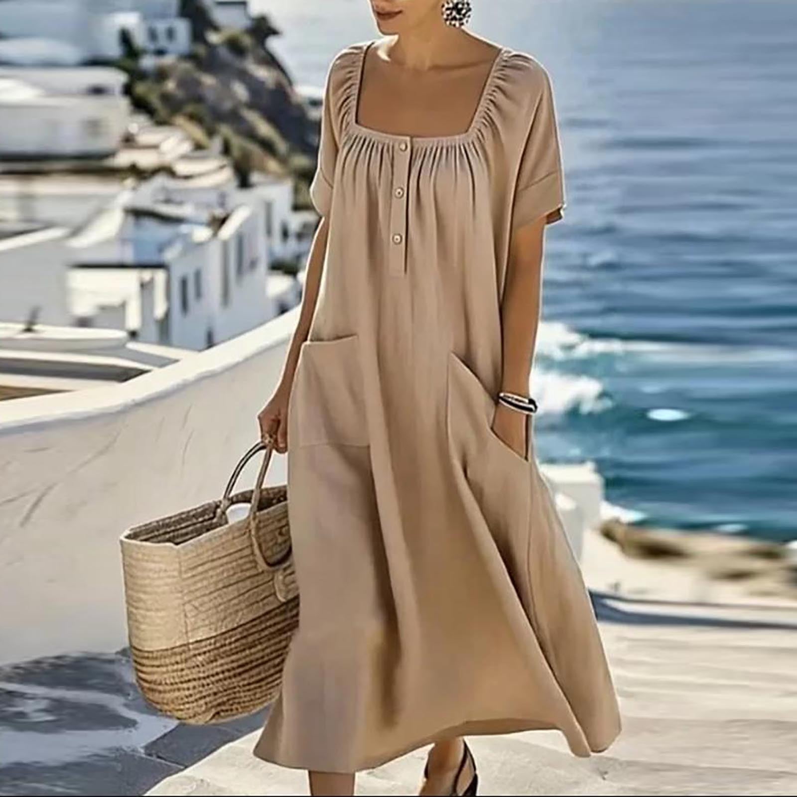 Sentmoon Boho Maxi Dress Sundresses for Women 2026 Summer Short Sleeve Square Neck Regular Fit Dress for Women with Pockets for All Seasons and Occasions S-3XL