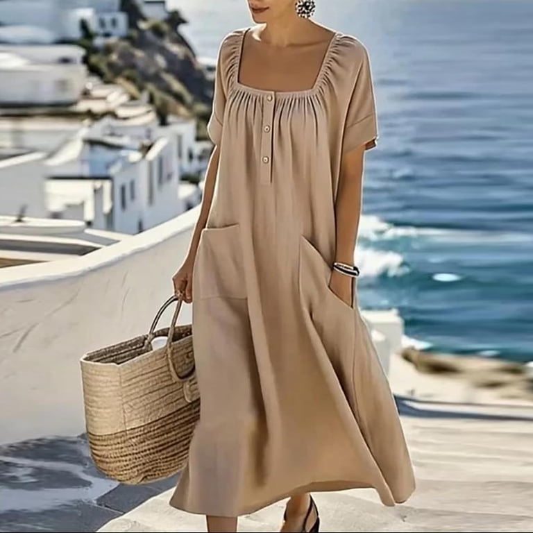 Tqcoqu Women's Summer Cotton Linen Long Dress,Sleeveless Elegant Flowy Dresses,Loose Comfy Dress with Pockets,Mint Green Women's S-XXXL