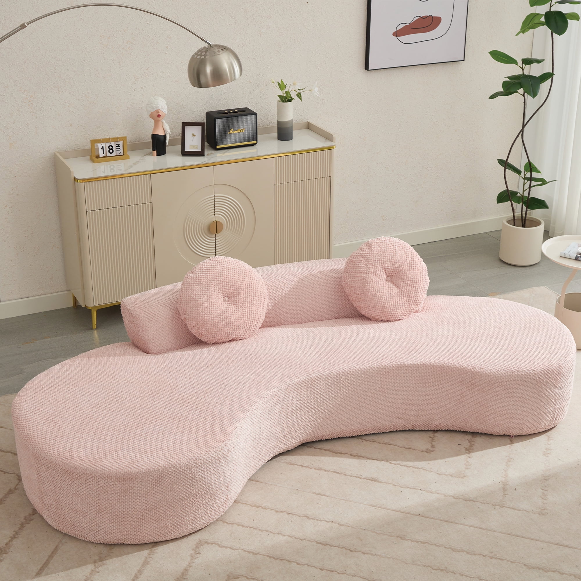 Aukfa 106" Curved Chaise Sofa Deep Seat Sofa for Living Room, 2 Pillows, Corduroy, Pink