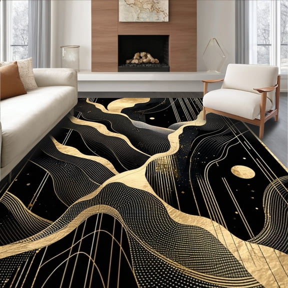 Flatwoven High Traffic Area Rug, Elegant Black Gold Geometric Waves, Non Slip, Stain Resistant, Washable Area Rugs for Living Room, Bedroom(Black, 4X6)