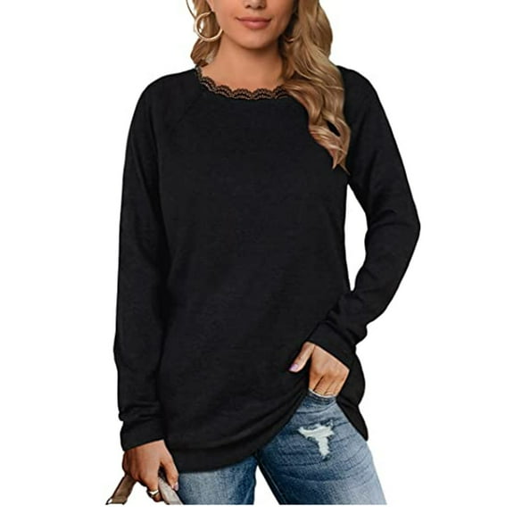 Tops for Women 2024,Clearance Fashion Woman O-Neck Long Sleeve T-Shirt Autumn Solid Blouse Lace Tops Shirt