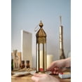 thumbnail image 5 of Serene Spaces Living Antique Golden Bronze Metal Lantern, Clear Glass Paneled Tealight Holder, Vintage Decorative Lantern for Dining Table, Wedding, Holiday, Event, Measures 3" Diameter * 13" Tall, 5 of 7