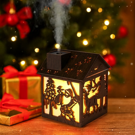 Wooden House Humidifier - 240ml Cool Mist Mini Humidifier with Santa Claus LED Design, 7-Color Lights, USB Powered, Auto Shut-Off, Holiday Decor Gift for Bedroom, Home, Office (Dark)