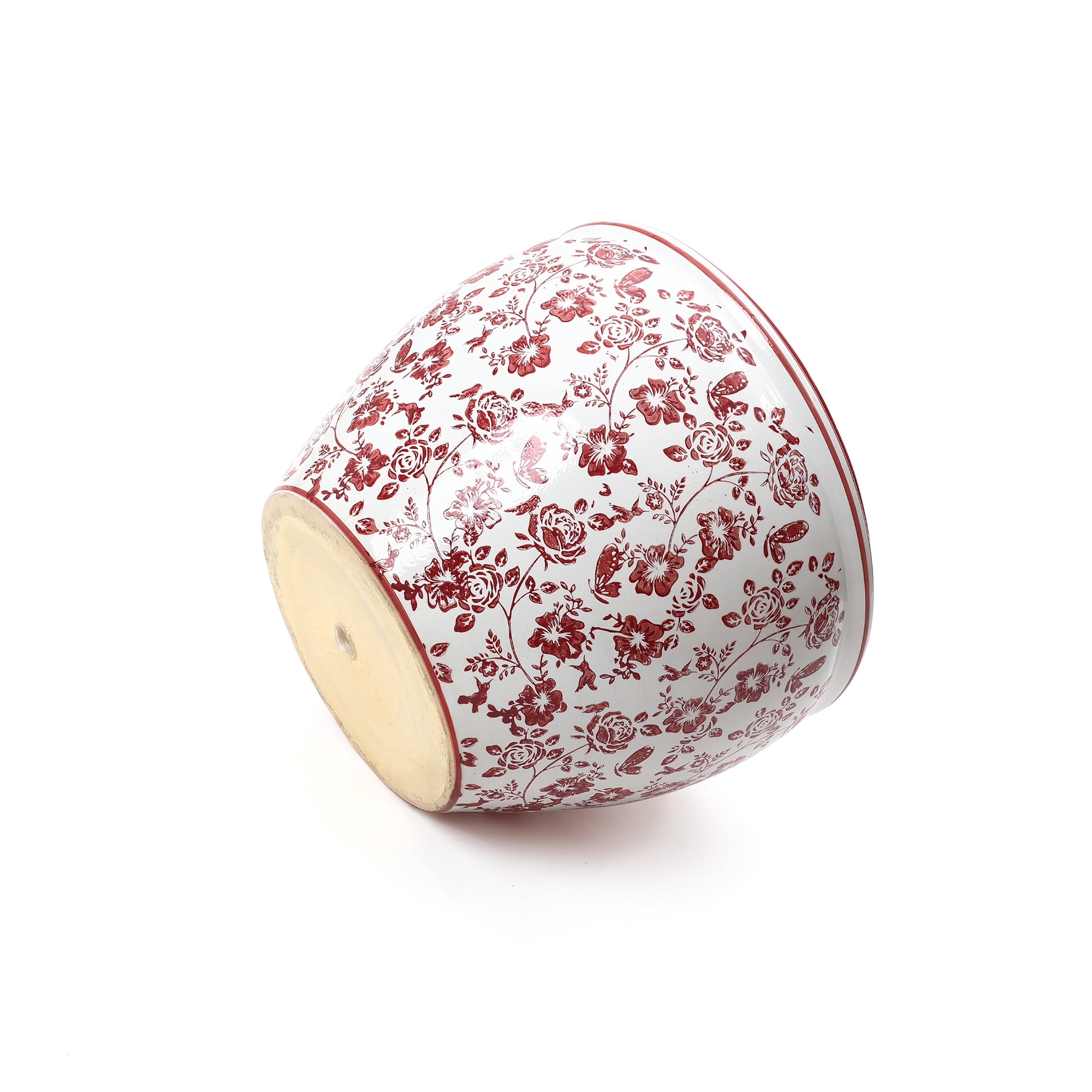 LuxenHome 17" Dia Red and White Round Planter Pot, Large Ceramic Flower Pot with Drainage
