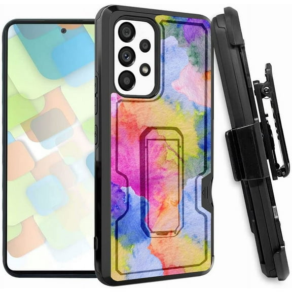 ANJ  Rugged Dual Layered Holster Case w/Kickstand, Card Slot Case   Tempered Glass Cover for Samsung Galaxy A53 5G - Watercolor Painting