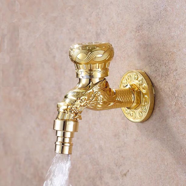 Grifo de agua moderno montado en la pared Bibcock Aleación de zinc Grifo decorativo retro para exteriores Grifo de jardín Lavadora Fregona Bibcock (Dragón dorado - Rueda) JAMW Sencillez
