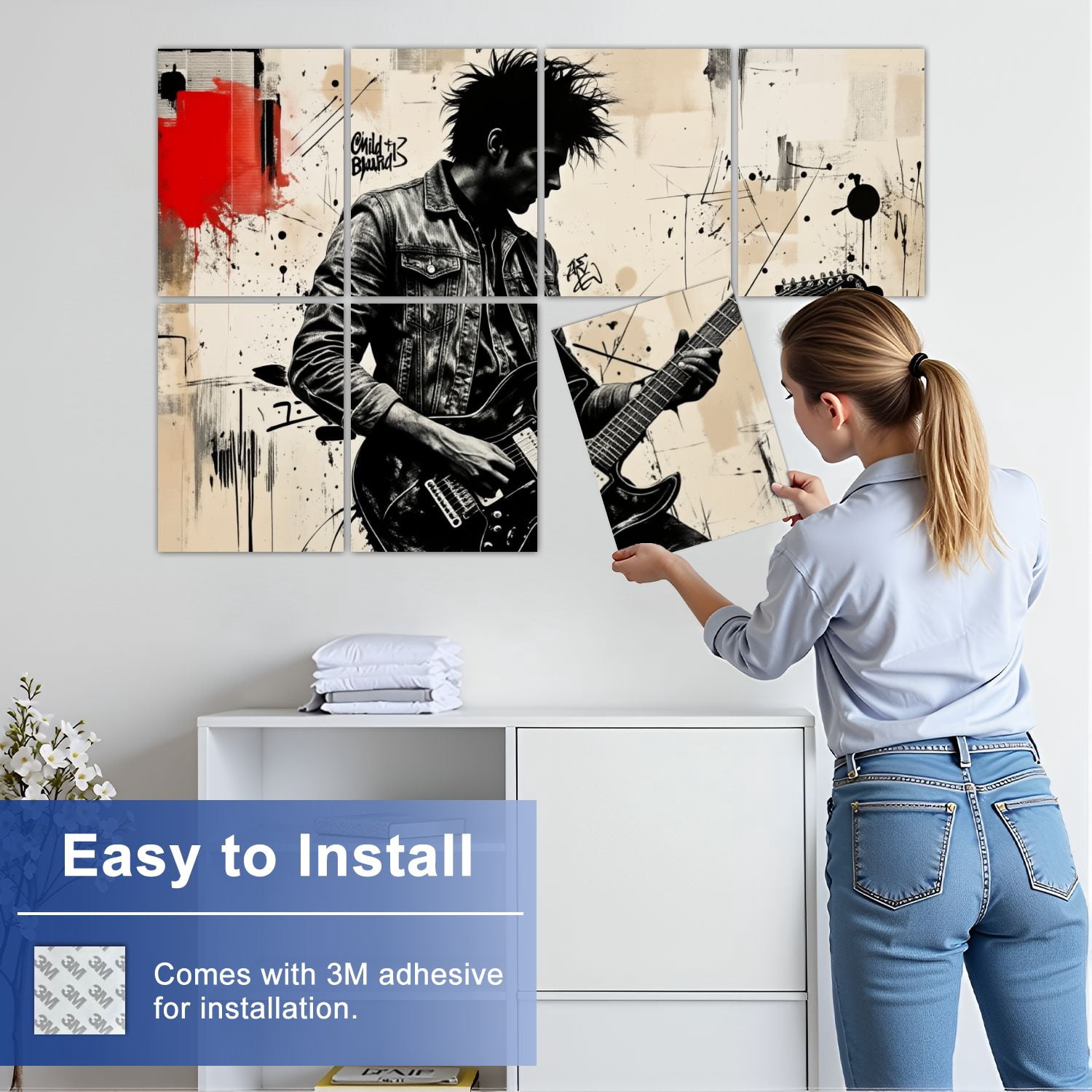 Musical 8 Pack Art Acoustic Panels Sound Absorbing Black White Punk Guitarist Abstract Splatter Decorative Soundproof Wall Panels Self Adhesive for Nursery Game Room Music Classroom 48"x32"