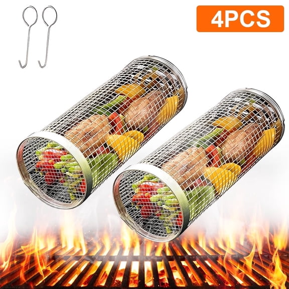 KAMIDA BBQ Rolling Grilling Baskets set for Outdoor, Grill Bbq Net Tube Stainless Steel Large Round Mesh Barbecue Cylinder Cage Cooking Accessories for Veggies Vegetable Fish Camping