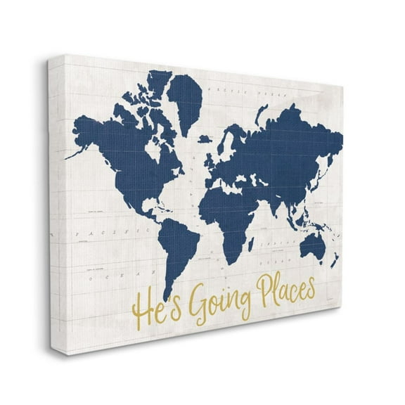 Stupell Industries He's Going Places Phrase Blue World Map Design by Sue Schlabach, 24" x 30"