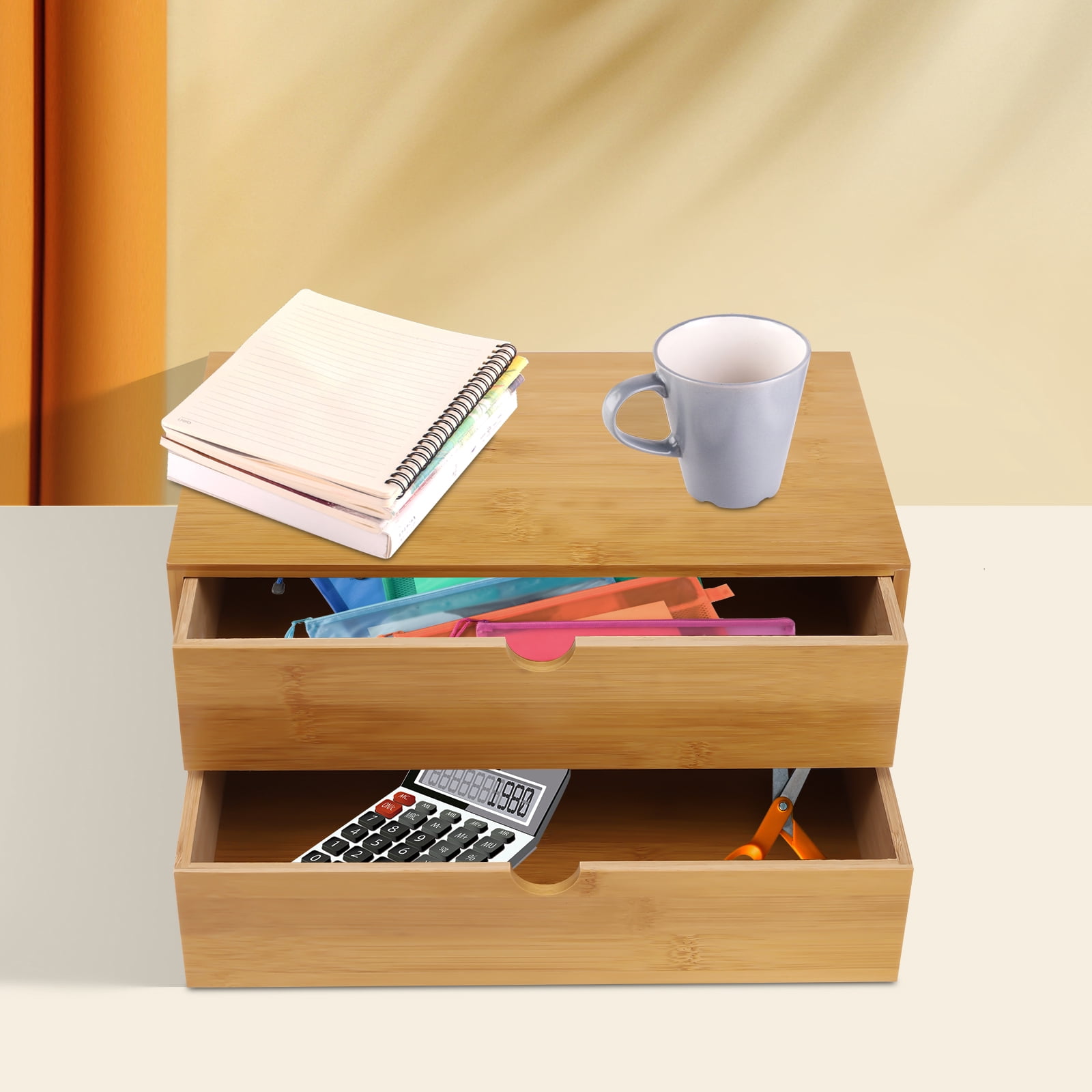 Wildnix Large Capacity Desk Organizer, 2 Drawers, Varnish Coated for Office Supplies and Cosmetics, Durable Nan Bamboo Design, Minimalistic