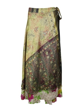 Mogul Women Colorful Vintage Silk Sari Magic Wrap Skirt Reversible Printed 2 Layer Sarong Beach Wear Cover Up Long Skirts One Size