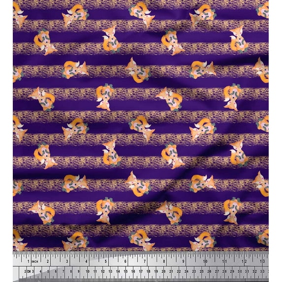 Soimoi Purple polyester Crepe Fabric Fox & Stripes Kids Print Fabric by the Yard 52 Inch Wide