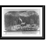 Historic Framed Print, [Settlement of Batavia, (Genesee Co.), N.Y., by the Holland Land Company 1801 to 1846: Man clearing land in winter; rough log cabin], 17-7/8" x 21-7/8"