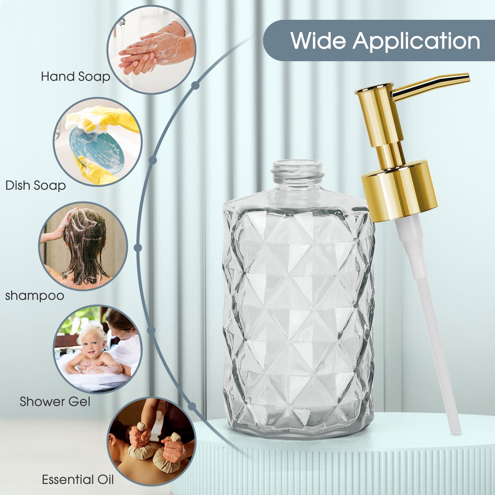 2pcs 330ml Glass Soap Dispenser Set - Transparent & Golden Liquid Hand Soap/Lotion/Shampoo Bottles, Sturdy Pump for Bathroom Kitchen Office Sink