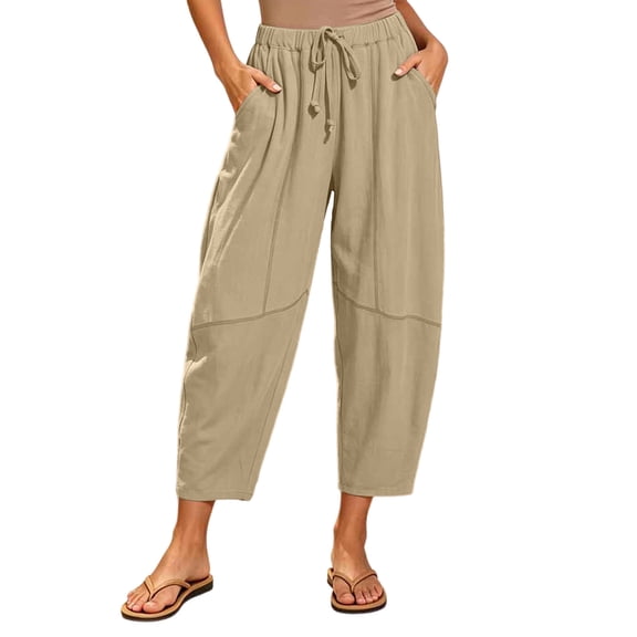 LIaqionyy Womens Cotton Linen Pants Baggy Wide Leg Lounge Elastic Waist Drawstring Lightweight Trousers with Pockets