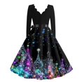 thumbnail image 4 of Women's Casual Fashion Christmas Holiday Print V-Neck Vintage Dress, Holiday Print, Retro Style, Party Wear, Casual Dress, Festive, Comfort,Purple,M, 4 of 6