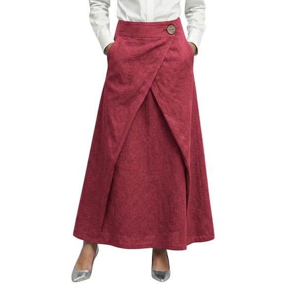 Summer Womens Skirts Linen High Waisted A-Line Maxi Skirt with Side Pockets for Work