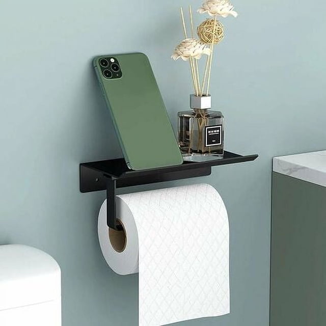 Portarrollos de papel higiénico de aluminio para montaje en pared (perforado/no perforado), portarrollos con estantes espaciosos, portarrollos de papel higiénico de pared para baños y