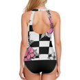 thumbnail image 2 of Women's Printed Tankini Top - High Elasticity Slim-Fit Swimsuit with Removable Straps & Cups, Perfect for Beach & Pool Parties，Pink Flowers, 2 of 7