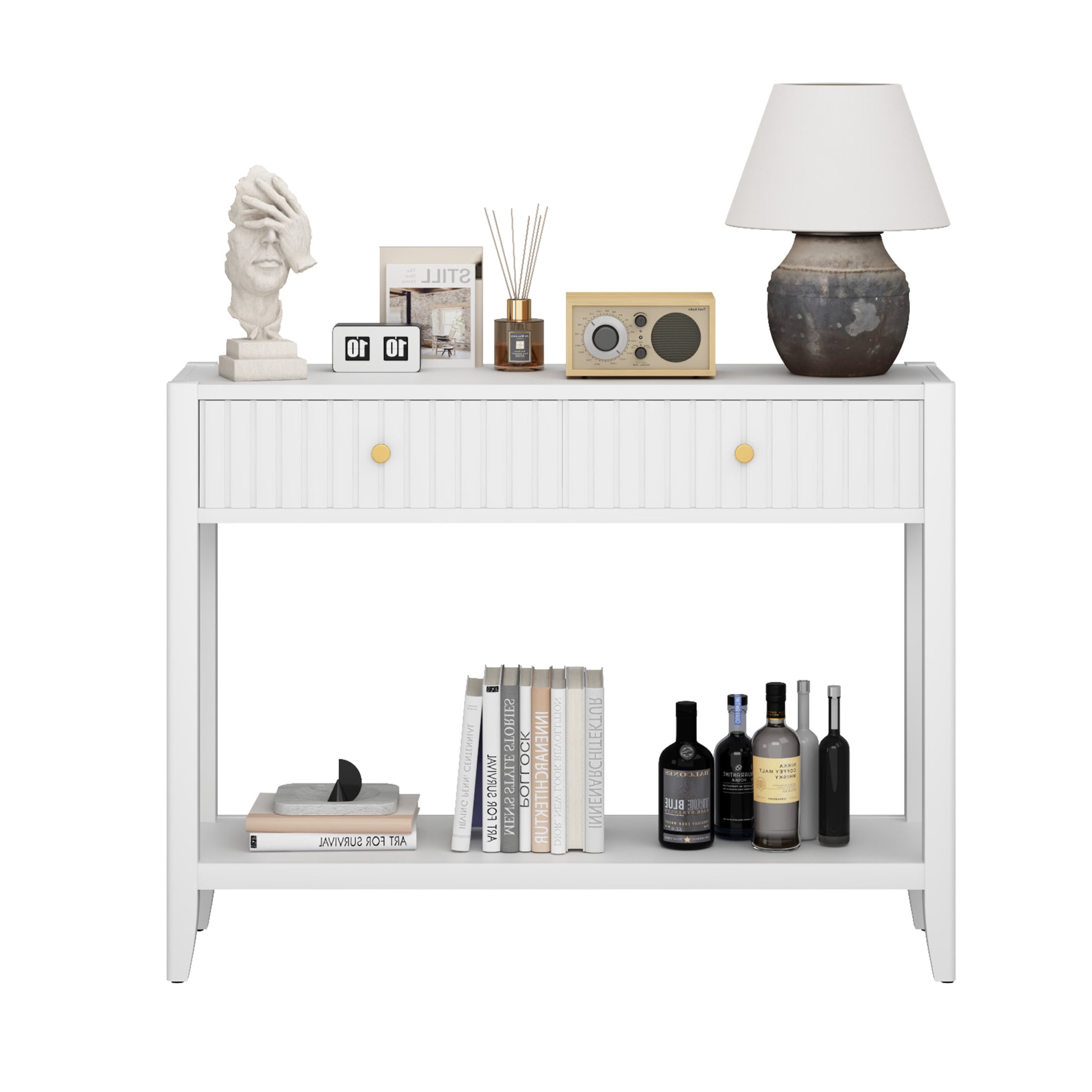 Noble House Narrow Wooden Console Table, Entryway Accent Sofa Table with Hidden Drawers and Storage Shelf, White