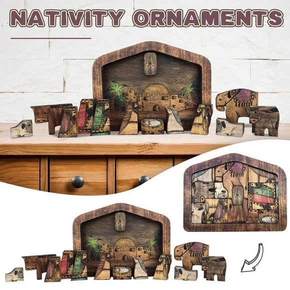 Puzzle de la Nativité avec Motif Brûlé en Bois, Jeu de Puzzle de Jésus en Bois, Ensemble de la Nativité