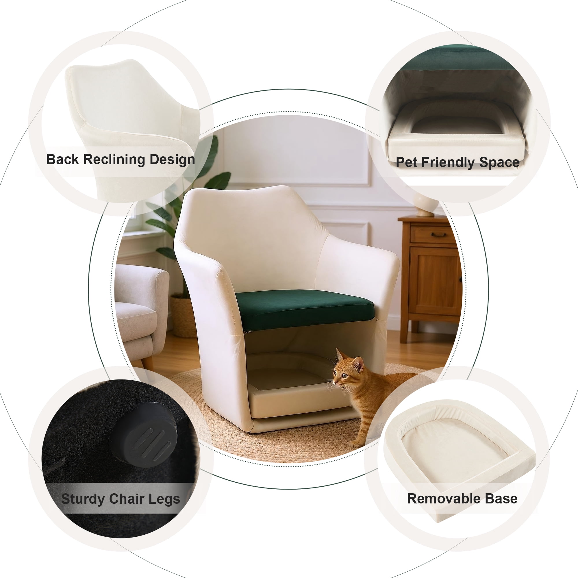 Euroco Furniture Style 2 in 1 Pet Friendly Mid Century Modern Accent Chair Soft Fabric Upholstered Leisure Armchair for Living Room Bedroom Home and Office, White