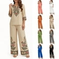 thumbnail image 2 of Guluxicc 2 Piece Women's Matching Sets V Neck 3/4 Sleeve Top Keyhole Neck Embroidered Trim Wide Leg Pants Casual Outfits for Casual Wear, 2 of 8
