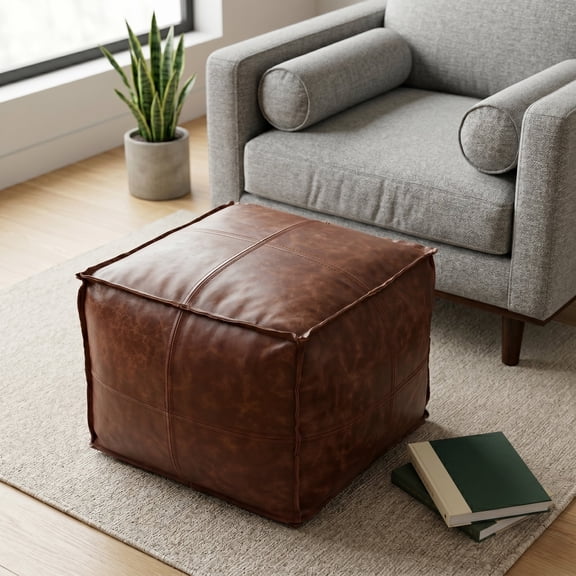 Simpli Home Sheffield 18 inch Wide Boho Square Pouf in Brown Genuine Leather