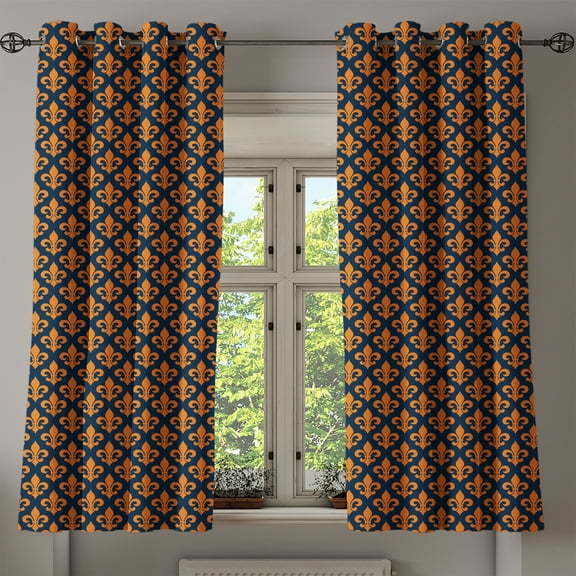 Ambesonne Fleur De Lis Grommet Curtain, Orange Heraldic, 50" x 54", Indigo Orange