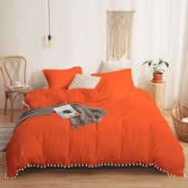 DNG Creations 1 Piece White Pom Pom Duvet Cover with Zipper Closure, 100% Egyptian Cotton, 800 Thread Cotton ( Twin/Twin XL - Solid Orange )
