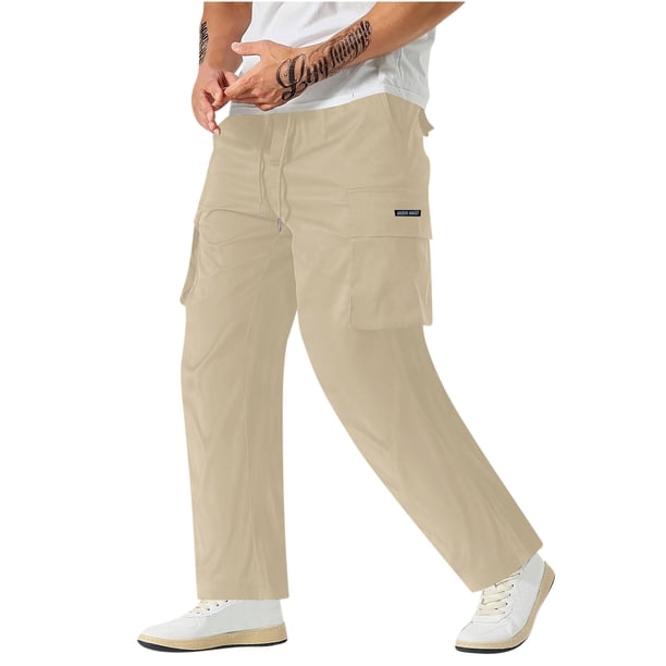 Pantalones largos de trabajo para hombre con múltiples bolsillos y cordón, pantalones de pierna recta, pantalones de poliéster para hombre